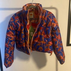 BNWT Farm Rio Wild Roses Tricot Reversible Puffer Jacket XS blue mushroom print